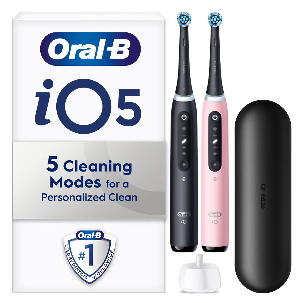 Oral B iO5 Black & Pink Electric Toothbrushes Designed By Braun, Duo Pack Image 1