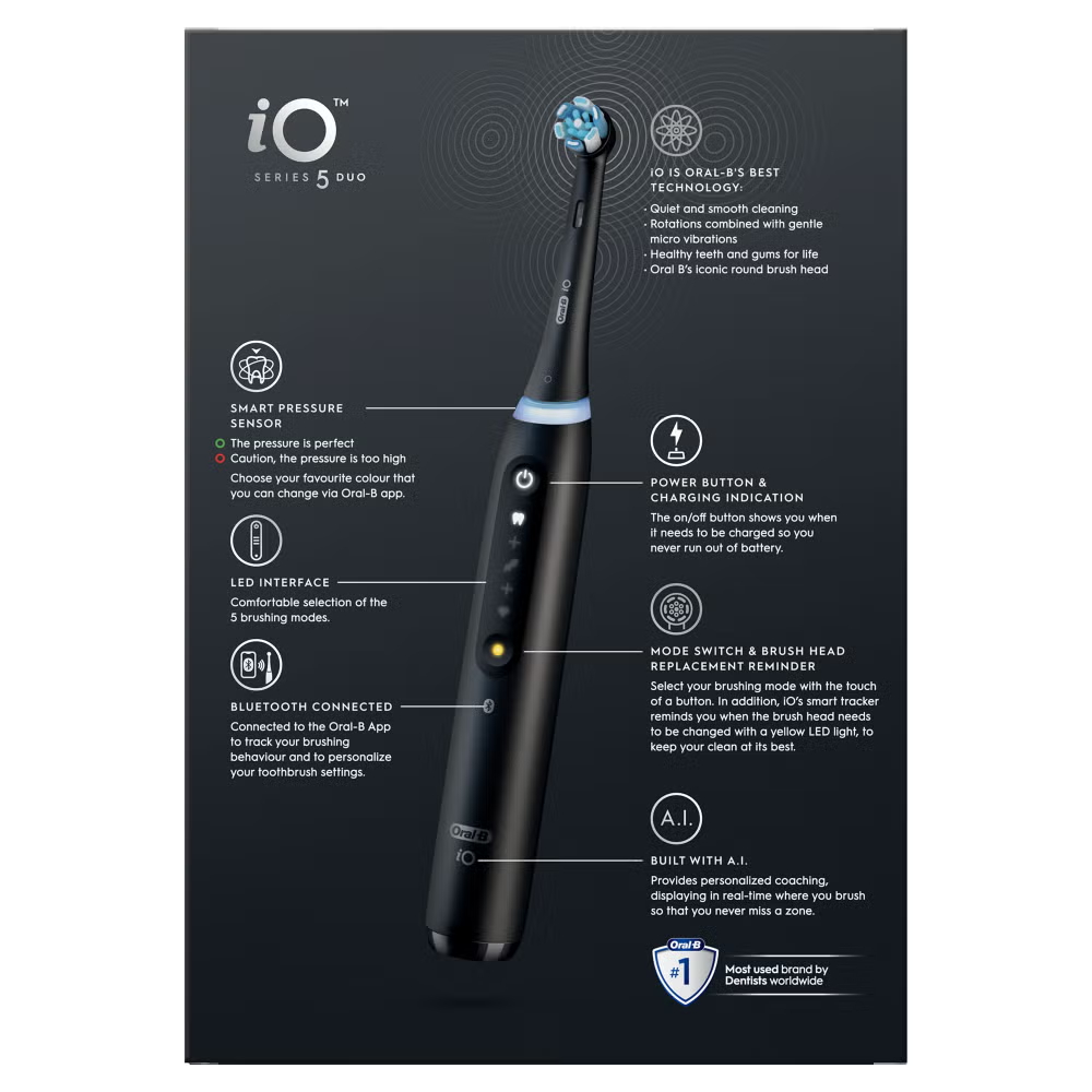 Oral B iO5 Black & Pink Electric Toothbrushes Designed By Braun, Duo Pack Image 12