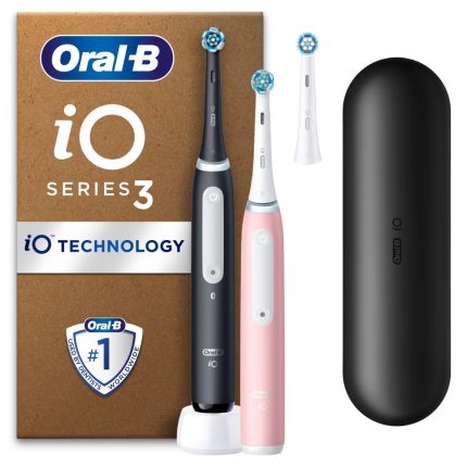 Oral-B iO3 Electric Toothbrushes, Pink & Black (Duo Pack), with Travel Case and Extra Head